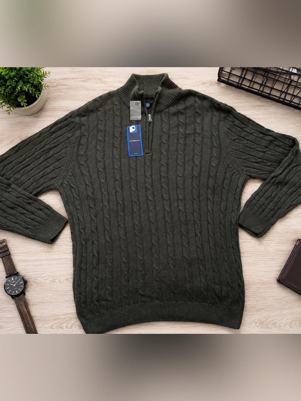 croft & barrow Olive Green Zip-Up Cable Knit Sweater